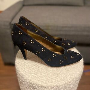 Elegant Saks Fifth Avenue Black Suede Heels with Gold Studs, party perfect